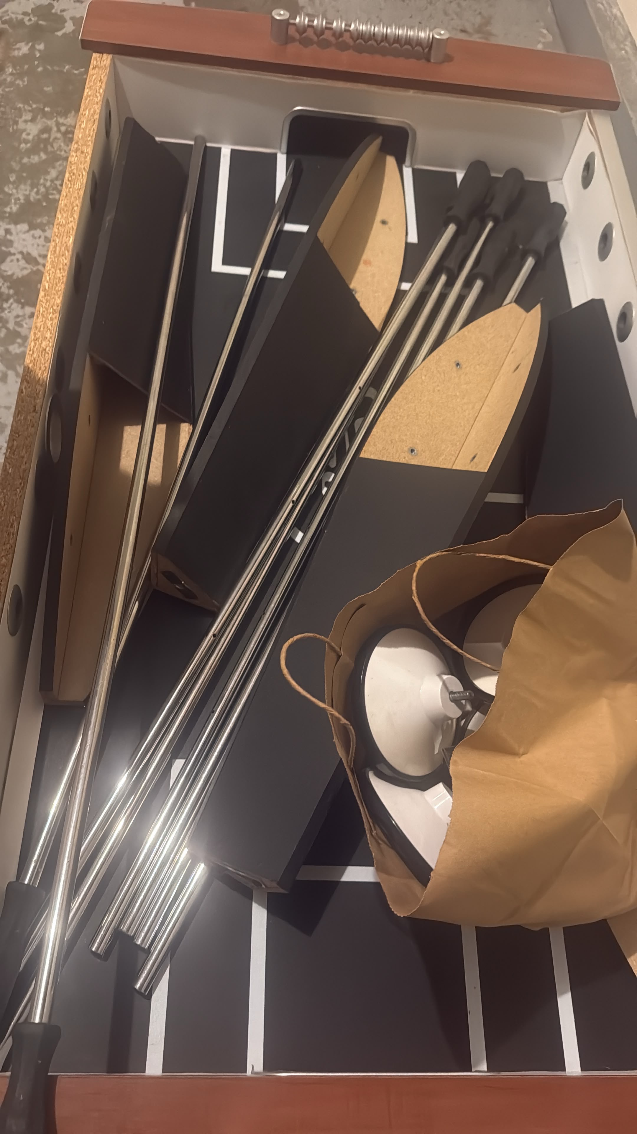 Disassembled foosball table packed for donation pickup — Colonial Village, Arlington VA