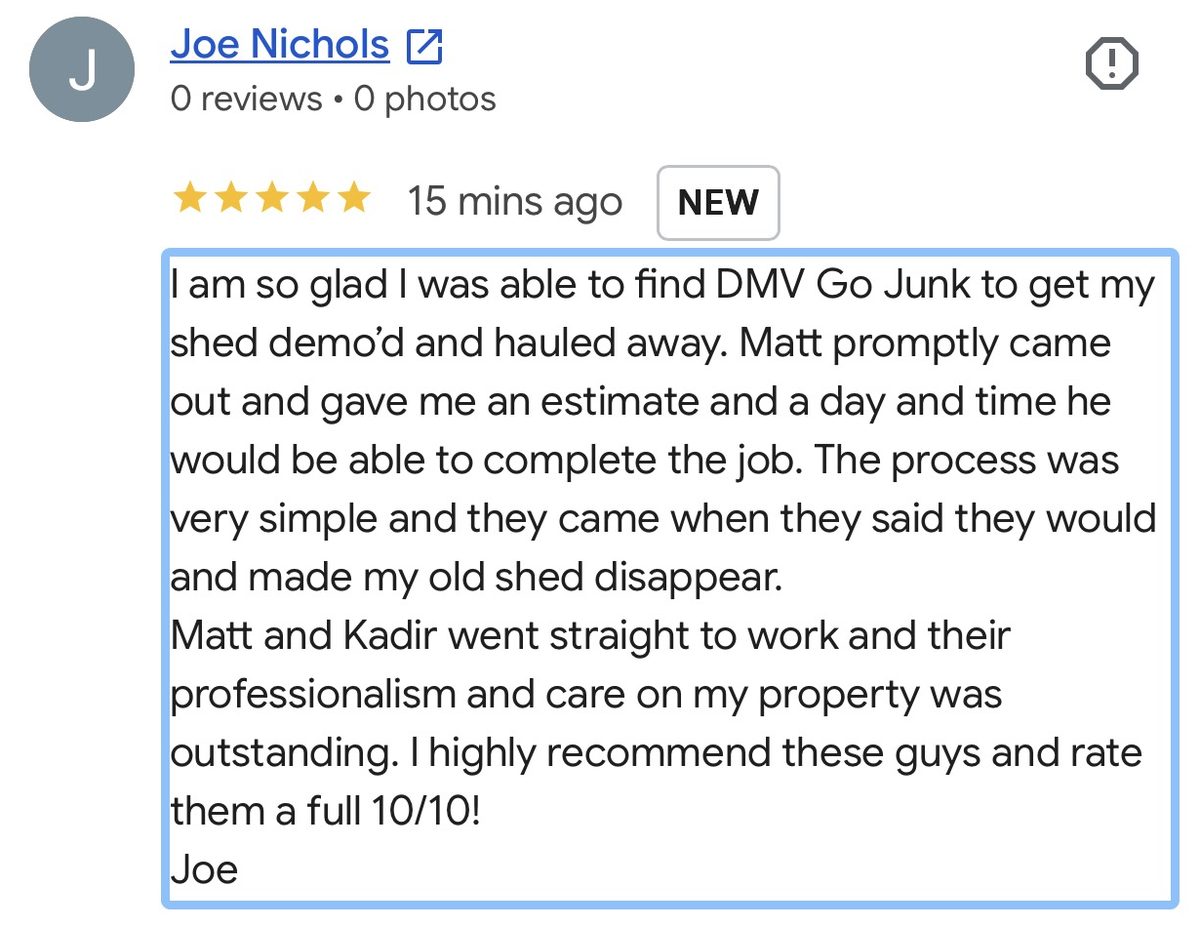 Joe's 5-star Google review for DMV Go Junk shed demolition in Arlington, VA