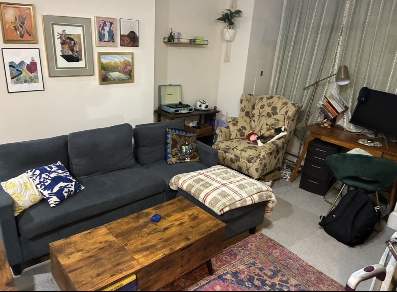 Living room in Arlington, VA before sofa removal — old couch ready to go