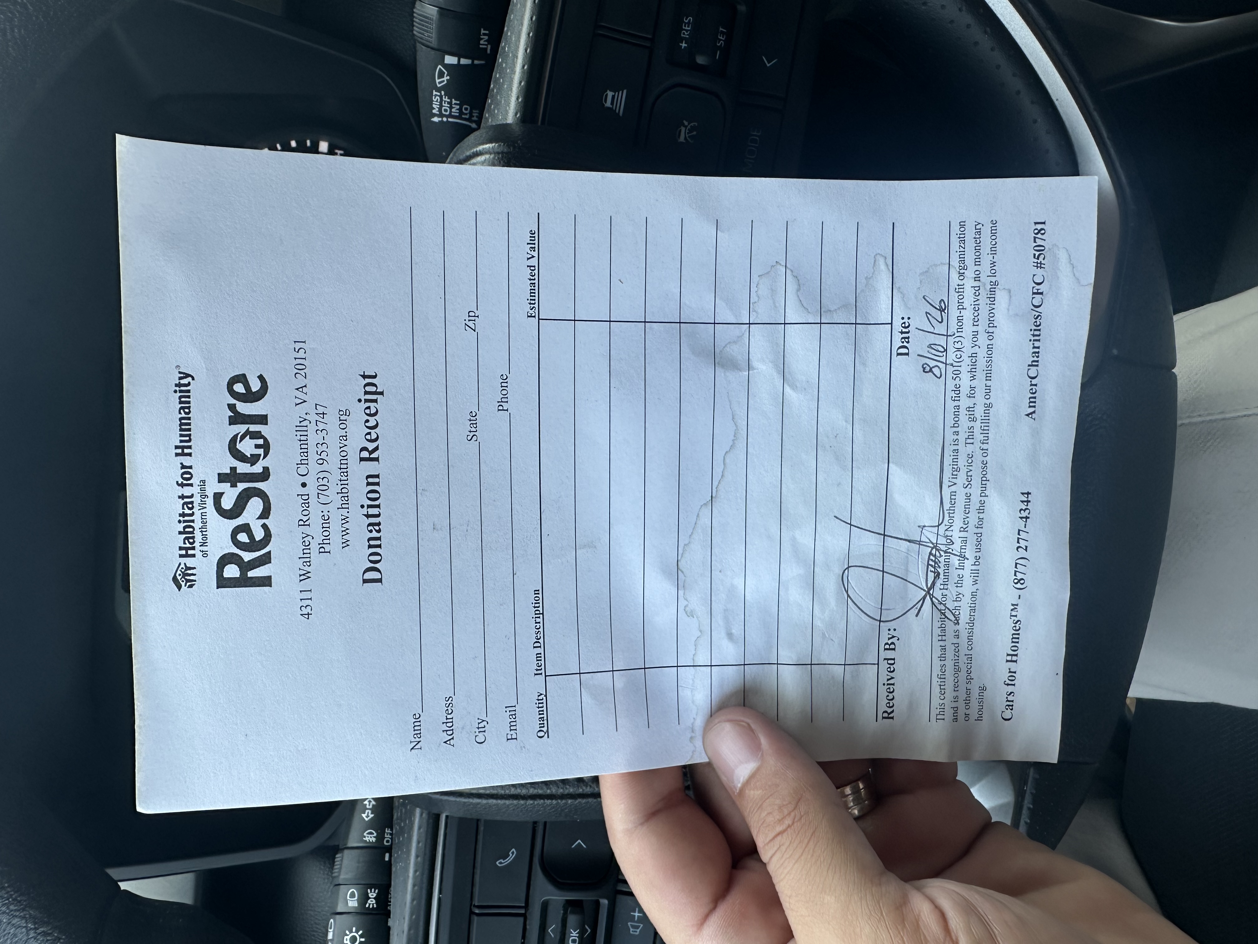 Habitat for Humanity ReStore donation receipt, Chantilly VA