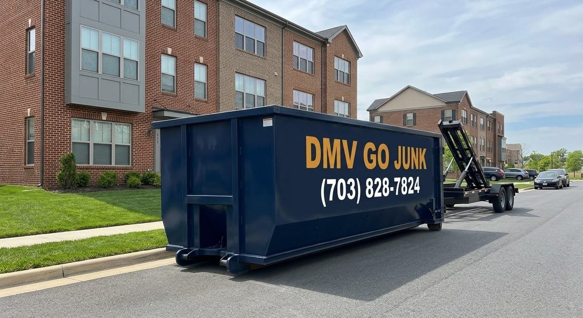 DMV Go Junk navy blue 12-yard roll-off dumpster delivery in Northern Virginia