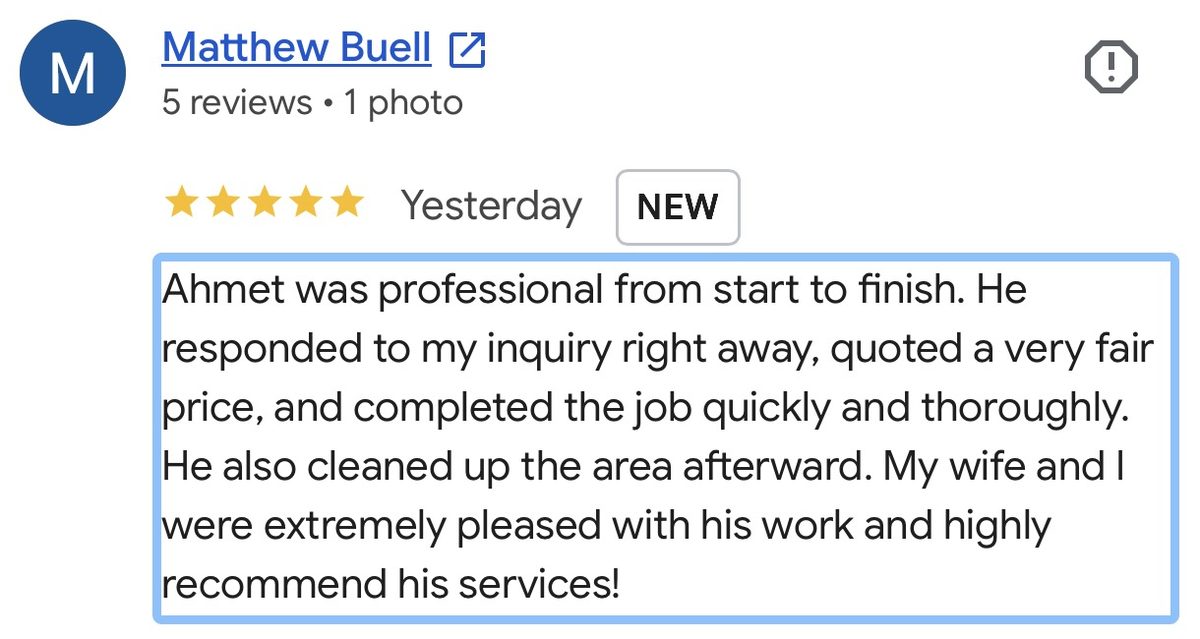 Matthew's 5-star Google review for DMV Go Junk brush removal in Leesburg, VA